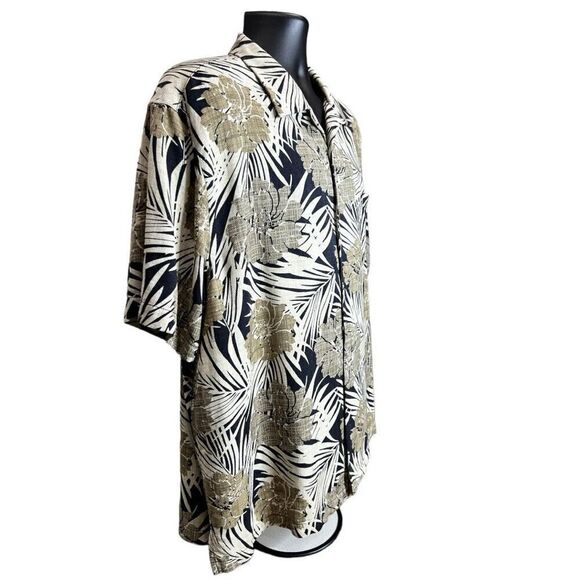 Caribbean Pure Silk Men's Short Sleeve Shirt Tropical Print Black Tan‎ Cream XL - Picture 2 of 7